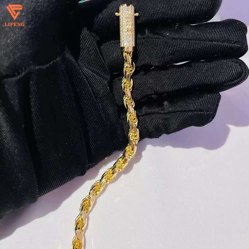 Lifeng Jewelry Hip Hop Silver 14k 18k Gold Plated Rope Necklace Men Necklace Iced Out Moissanite Clasp Rope Chain