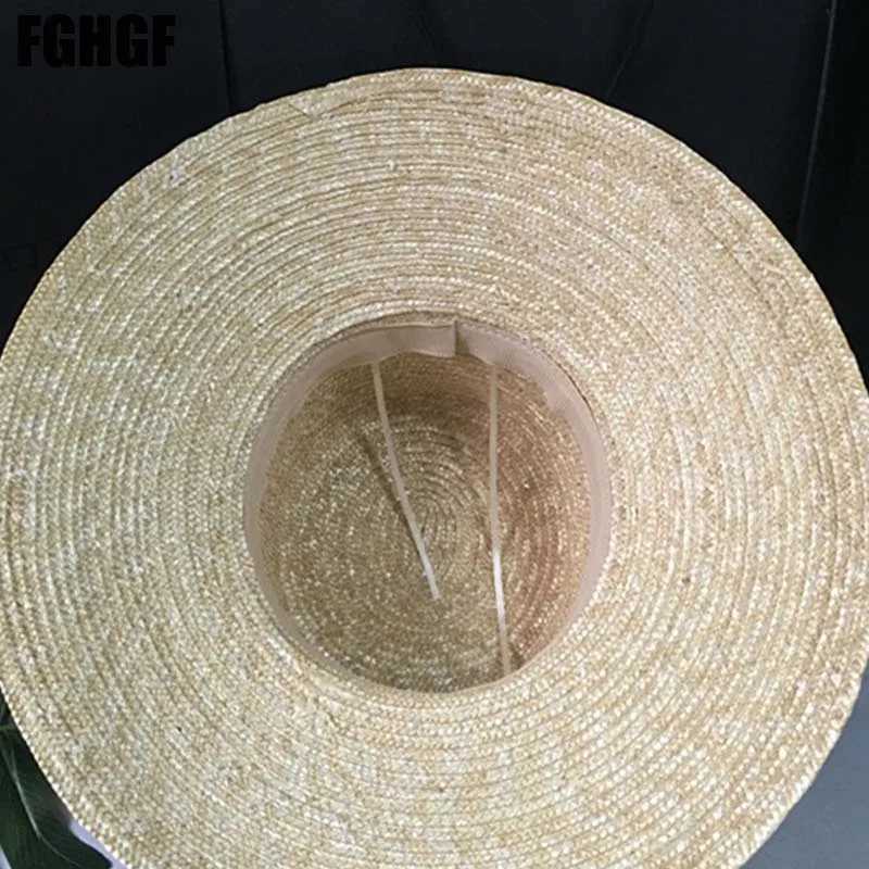 Natural womens sun hat black ribbon 12cm 15cm flat top wide and wide Brim straw hat Chapeu Sombrero beach hatXJ250329
