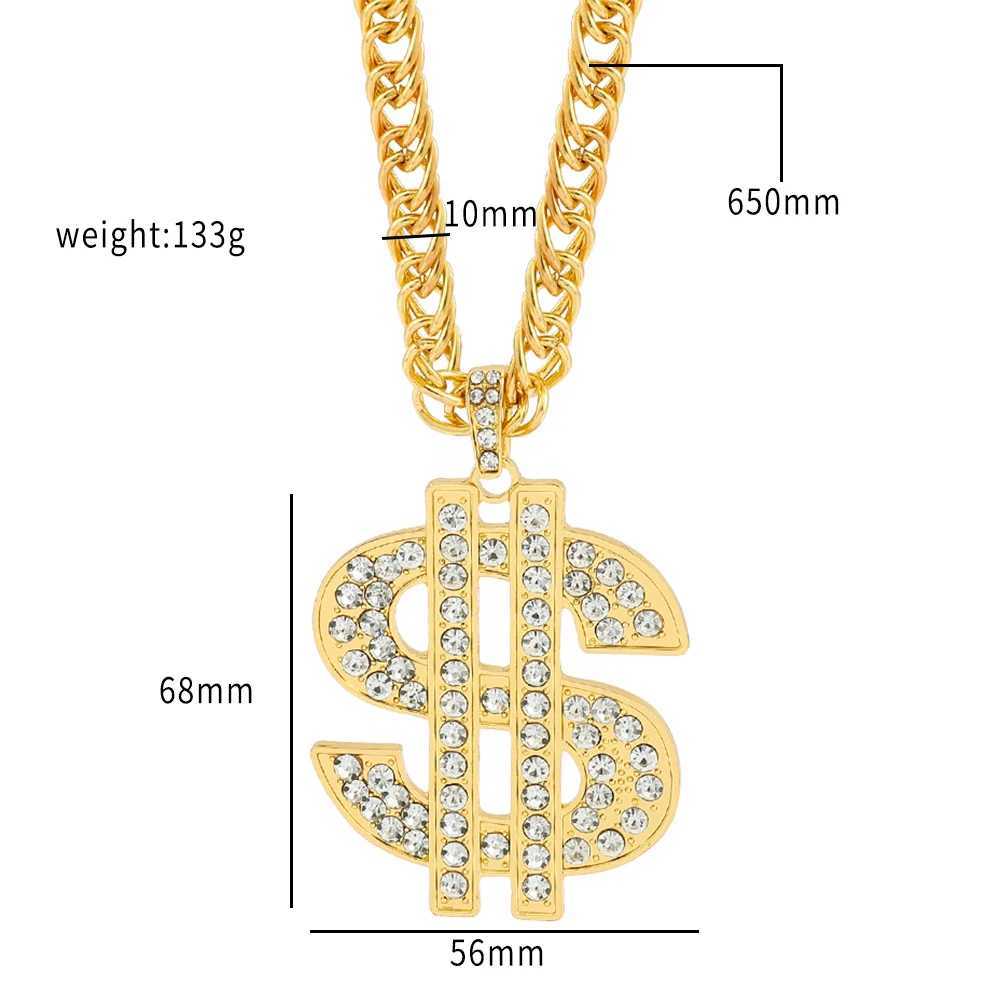 Hip Hop Rap Gold USD Pendant Necklace Luxury Rhinestone USD Currency Symbol Necklace Y250329