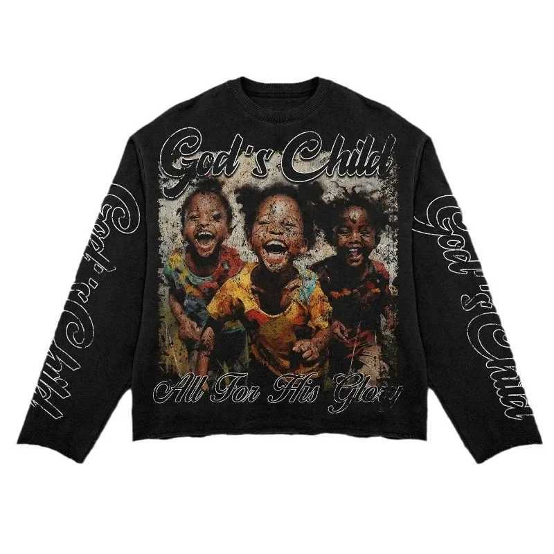 Gothic round neck couple T-shirt autumn American new childrens pattern printed casual top Y2k one seventh slide zipper W250329