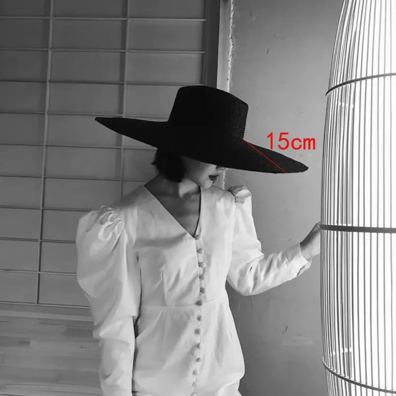 Spring Summer 18cm Wide Brim Black Straw Hat Flat Top Straw Hats For Women Elegant French Retro Sun Hat Hat 250328