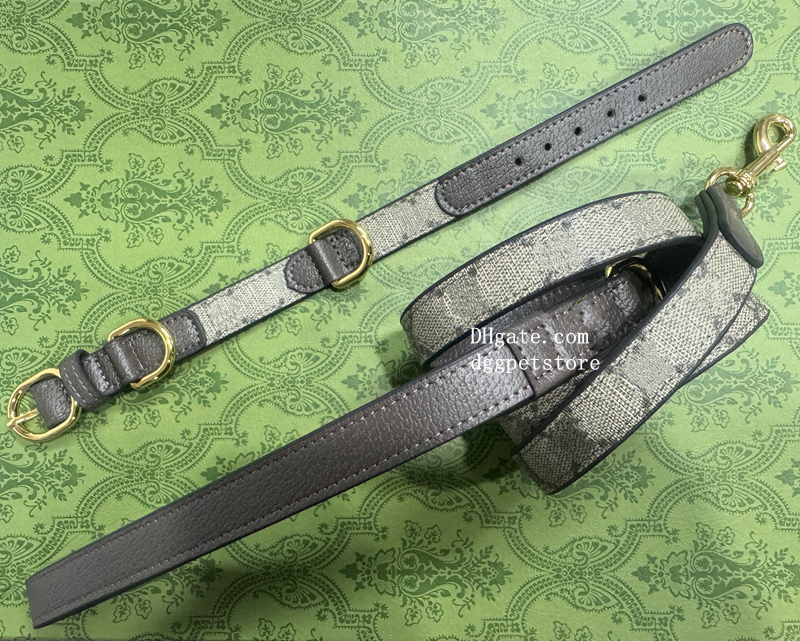 Designer Dog Collar Leash with Classic Letter Pattern Soft Adjustable Luxurious Leather Pets Collars for Small Dogs Cats Outdoor Walking High-Quality Grey M B264