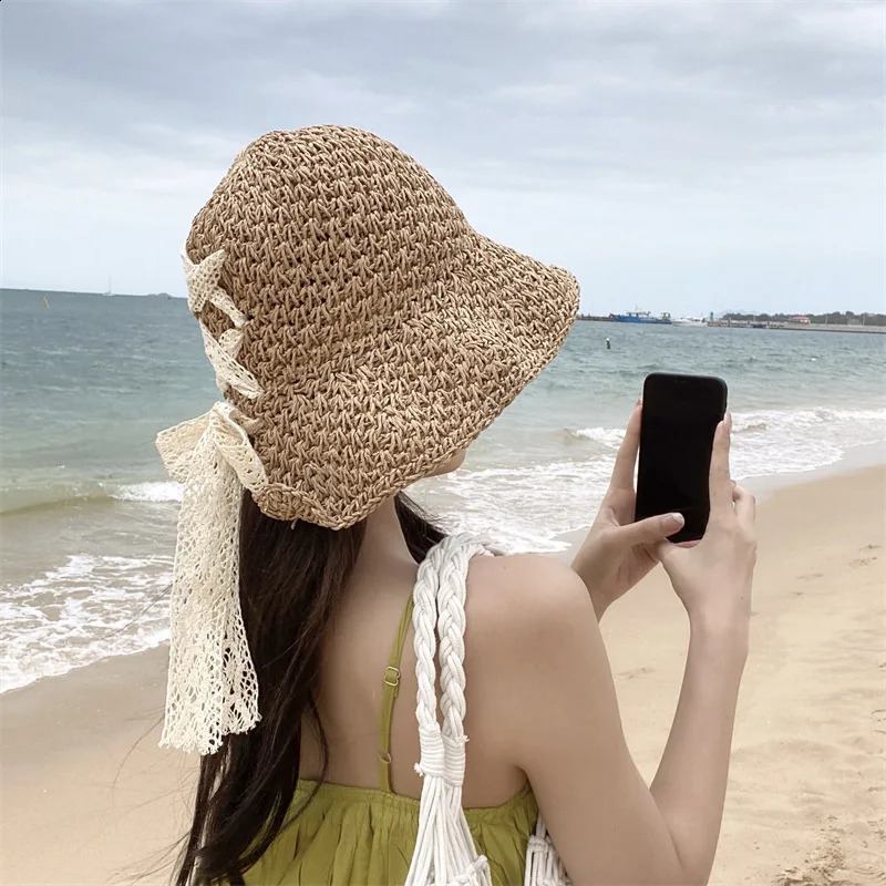 Straw Hat Womens Lace Bow Hollow Crochet Cap Summer Sunshade Sun Hat Fashion Foldable Beach Hat 250321