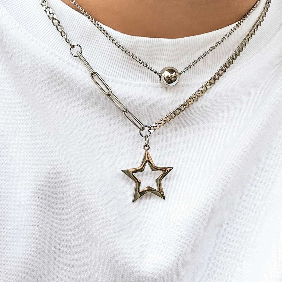Salicon Titanium Steel Casual Star Pendant Necklace Mens Trend Double Link Short Necklace Punk Hip Hop Jewelry Y250329
