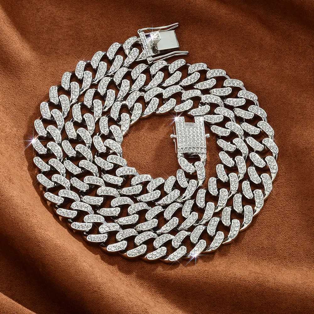 Hip Hop Shining 15MM Cuban Link Chain Necklace Bracelet Womens Silver Water Diamond Ice Out Cuban Chain Punk Jewelry Gift Y250329