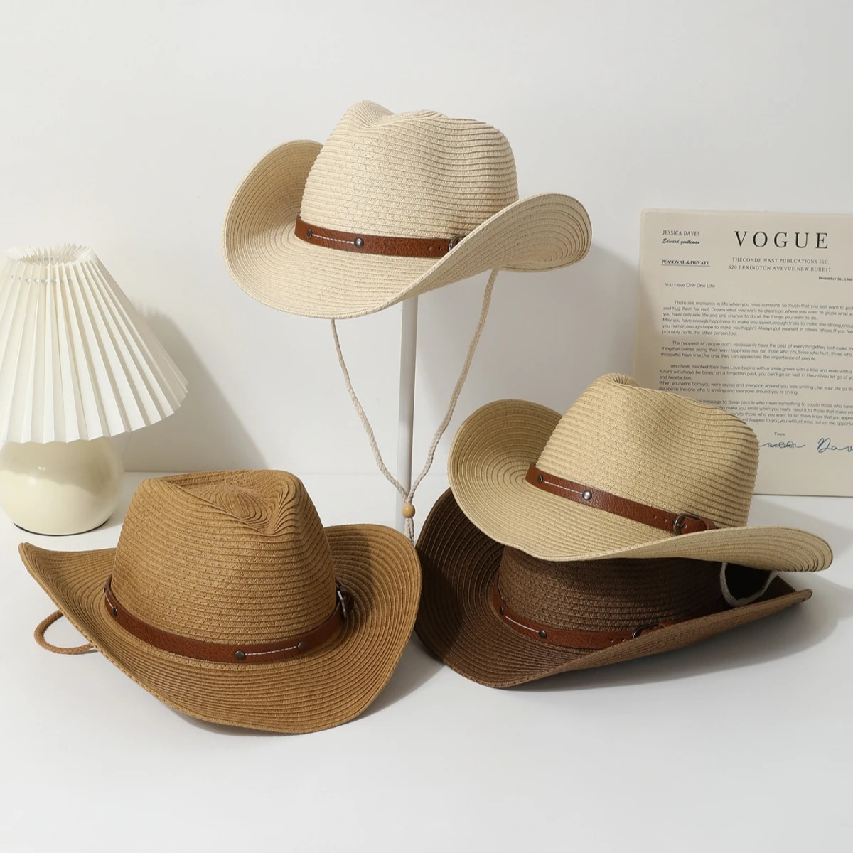 A mens and womens wide-brimmed western cowboy hat stylish jazz hat summer beach sun hat carrying a windbreak rope 250328