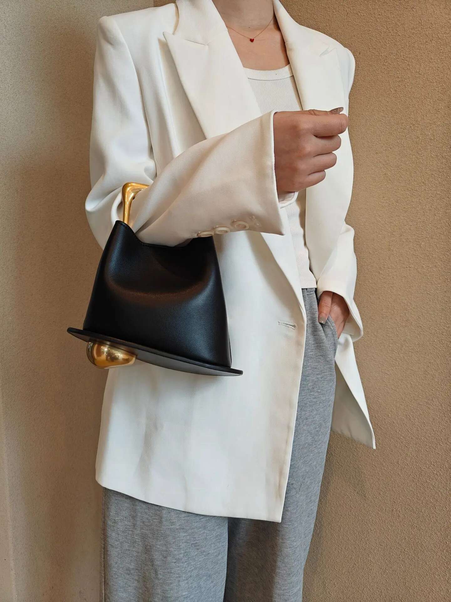 New Stylish High-End Bucket Tote Beige Color Plain Satin Cow Leather Women Handbag Metal Handle Female Crossbody Bag Small