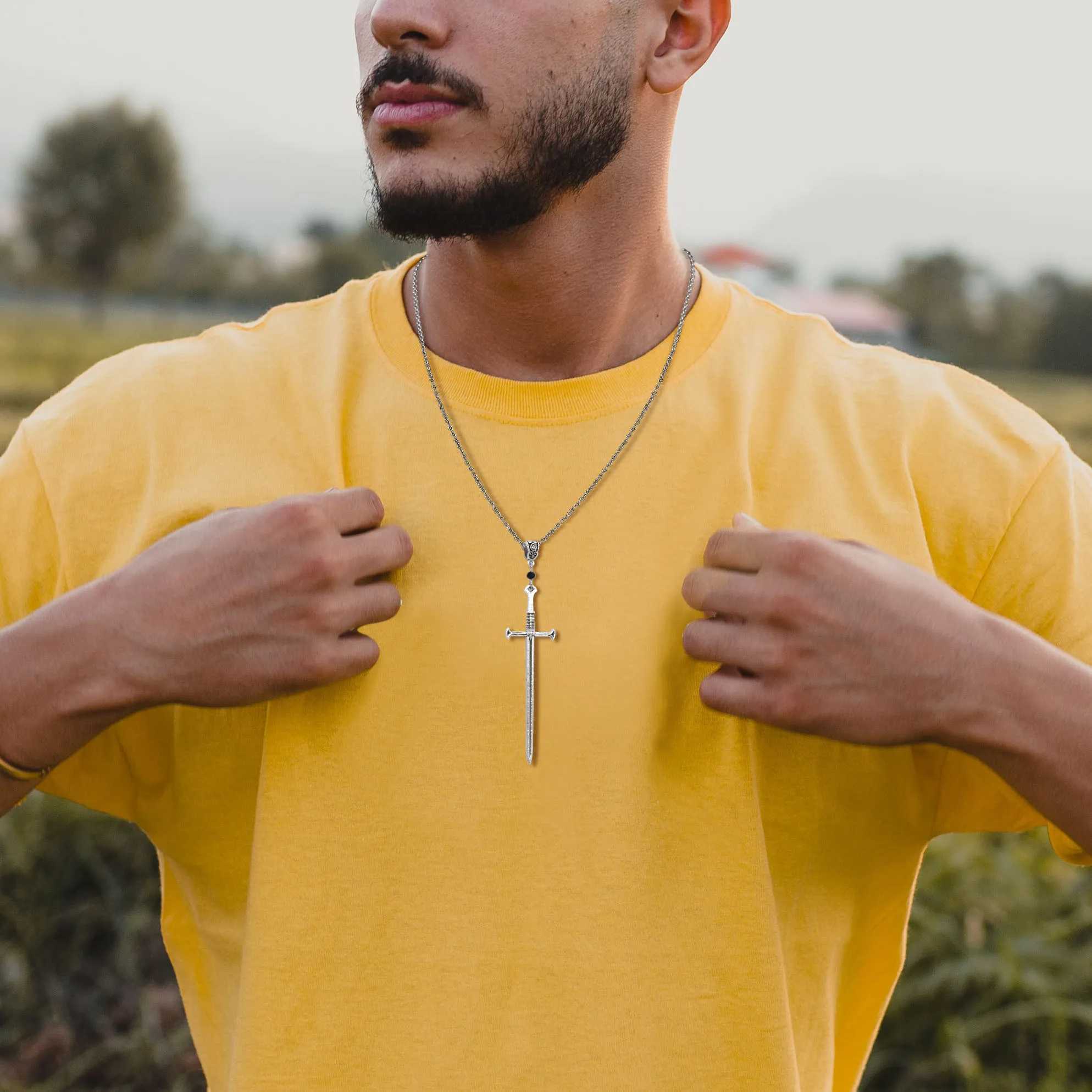 Mens punk stone sword cross pendant necklace retro Gothic long dagger knife necklace hip-hop jewelry Y250329