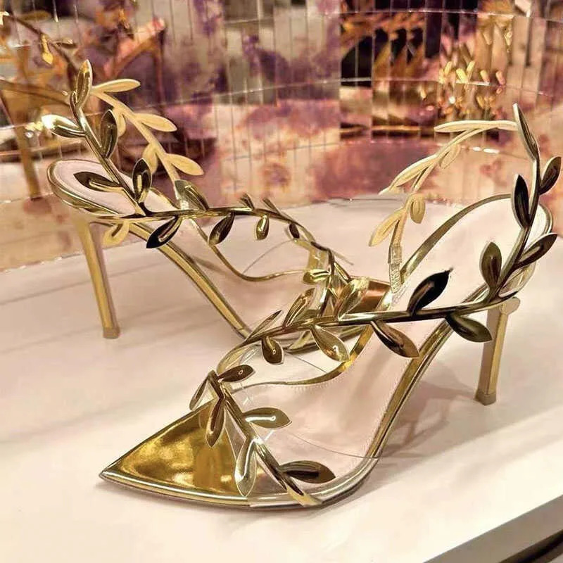 2025 Summer Pointy Gold High Heels Womens Stiletto Leaves Elegant Fairy Sexy Banquet Transparent Sandals 250328