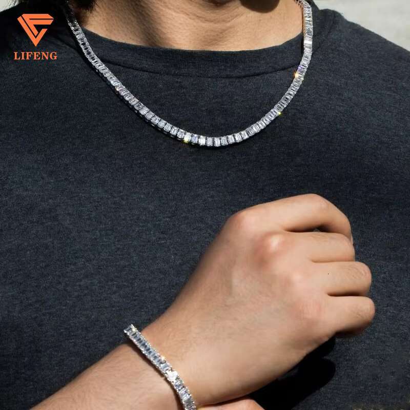 Wholesale 4mm 6mm 8mm 925 Sterling Silver Hip Hop Tennis Link Chain Iced VVS Moissanite Baguette Emerald Cut 18K Gold Weddings