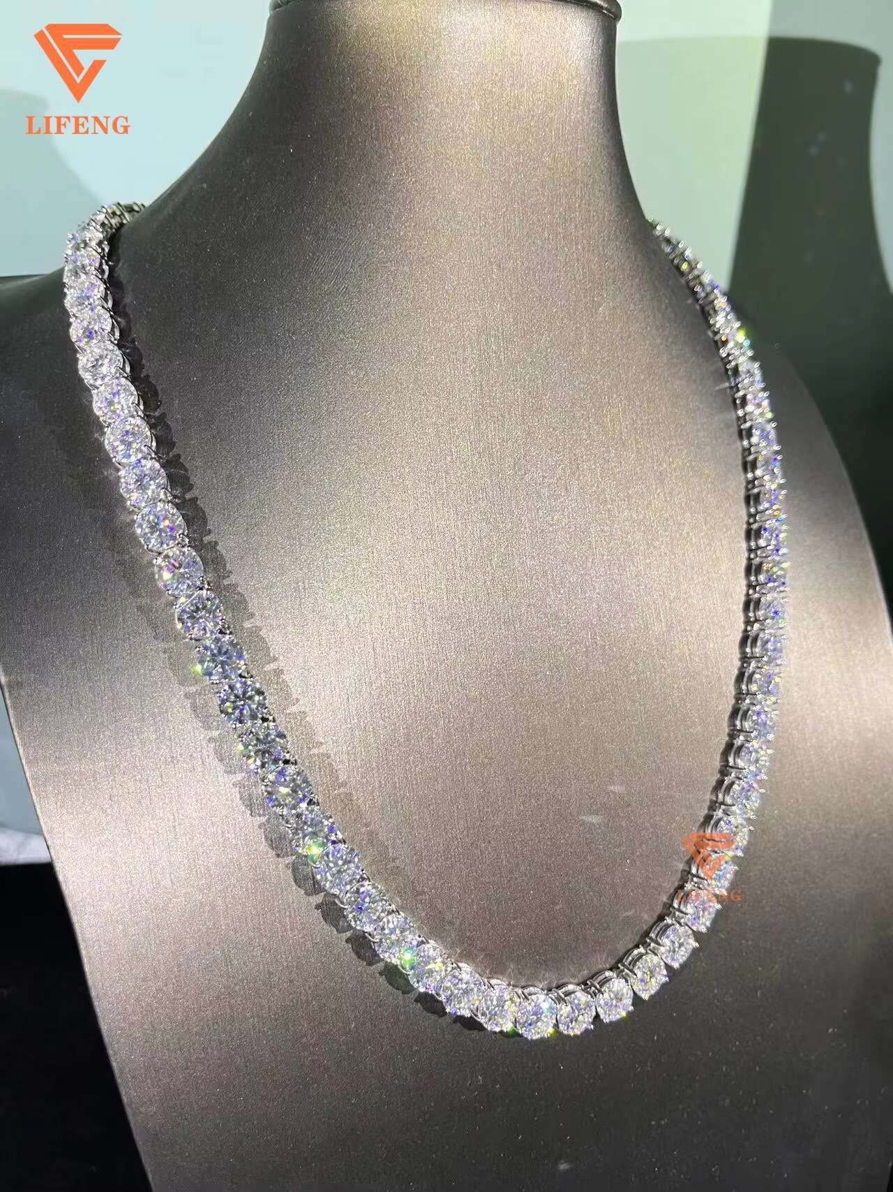 Lifeng Jewelry Ice Out Hiphop Tennis Chain Necklace 8mm VVS Moissanite Sterling Silver Diamond Bling White Gold Necklace