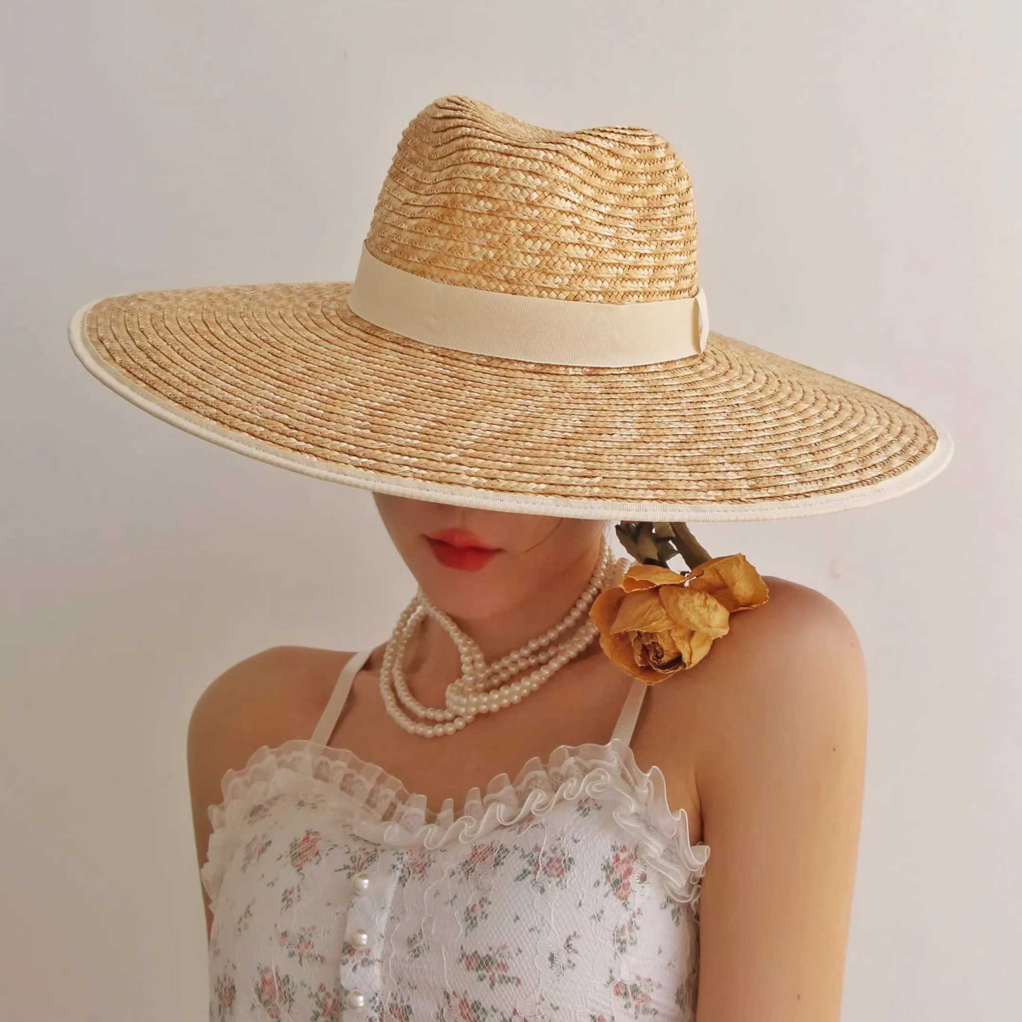 Summer straw hat with wide brim straw hat with straw bow edging for seaside travel sun hat sbreros para el sol X250329