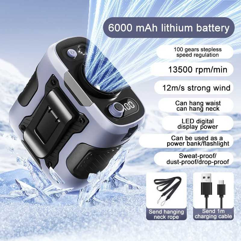 Portable infinitely variable waist fan with belt clip 100 level digital display 6000mAh outdoor activity high-speed fan X250329