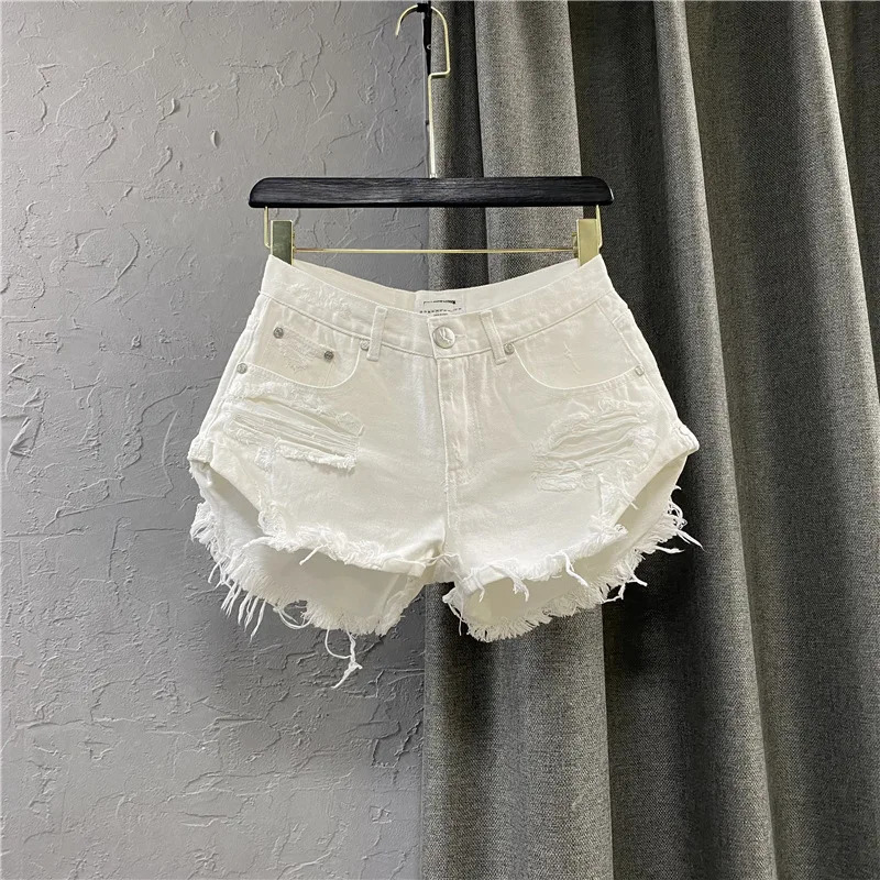 Sexy low rise denim shorts summer hole womens wide leg open top jeans 250328
