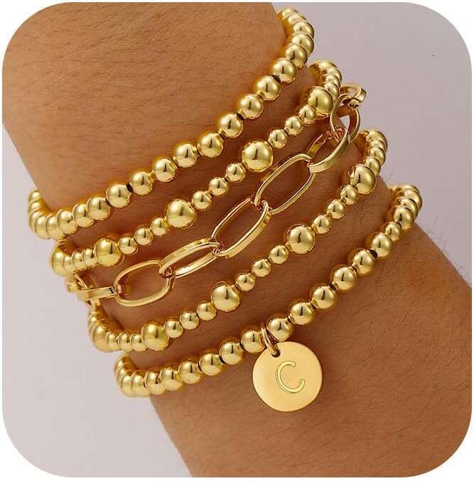 Beaded Bracelets for Women, Gold Plated Initial A-Z Stretch Bead Ball Stackable Bracelet with Letter Jewelry Set Gifts