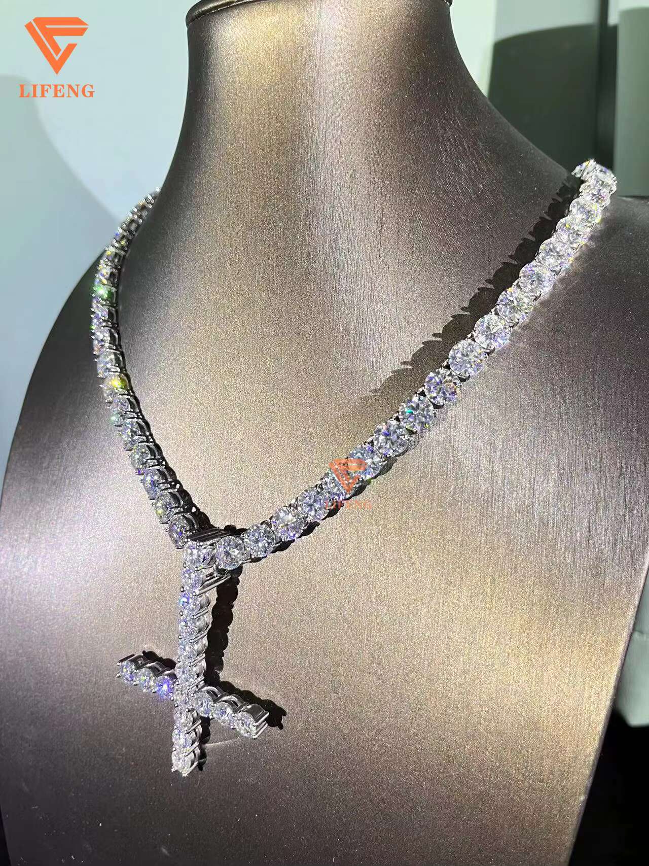 Lifeng Jewelry Ice Out Hiphop Tennis Chain Necklace 8mm VVS Moissanite Sterling Silver Diamond Bling White Gold Necklace