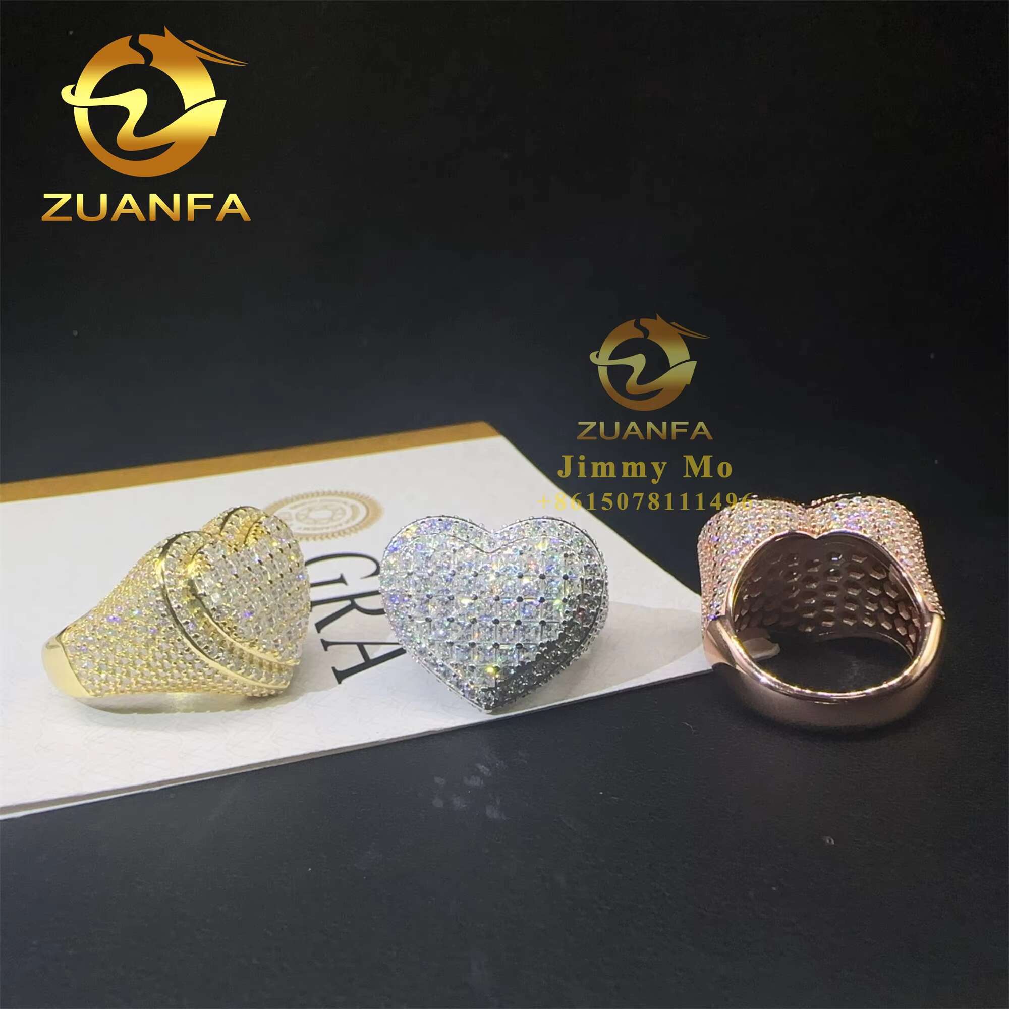 Bulk Stock Pass Diamond Tester 925 Sterling Silver Full With Baguette Moissanite Diamond Hip Hop Iced Out Heart Shape Ring Men