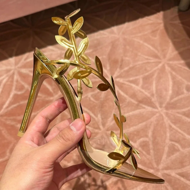 2025 Summer Pointy Gold High Heels Womens Stiletto Leaves Elegant Fairy Sexy Banquet Transparent Sandals 250328