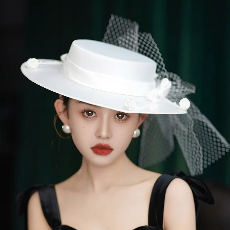 wedding hat French black top hat mesh bridal white elegant bow vintage handmade flat hat chapeau femme luxe ceremonie mariage 250328