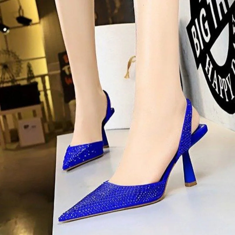 Gold Women Heels Sandals Summer Crystal Pointed Toe Female Stiletto African Party Rhinestone Shallow Slip on Heel Shoes 250328