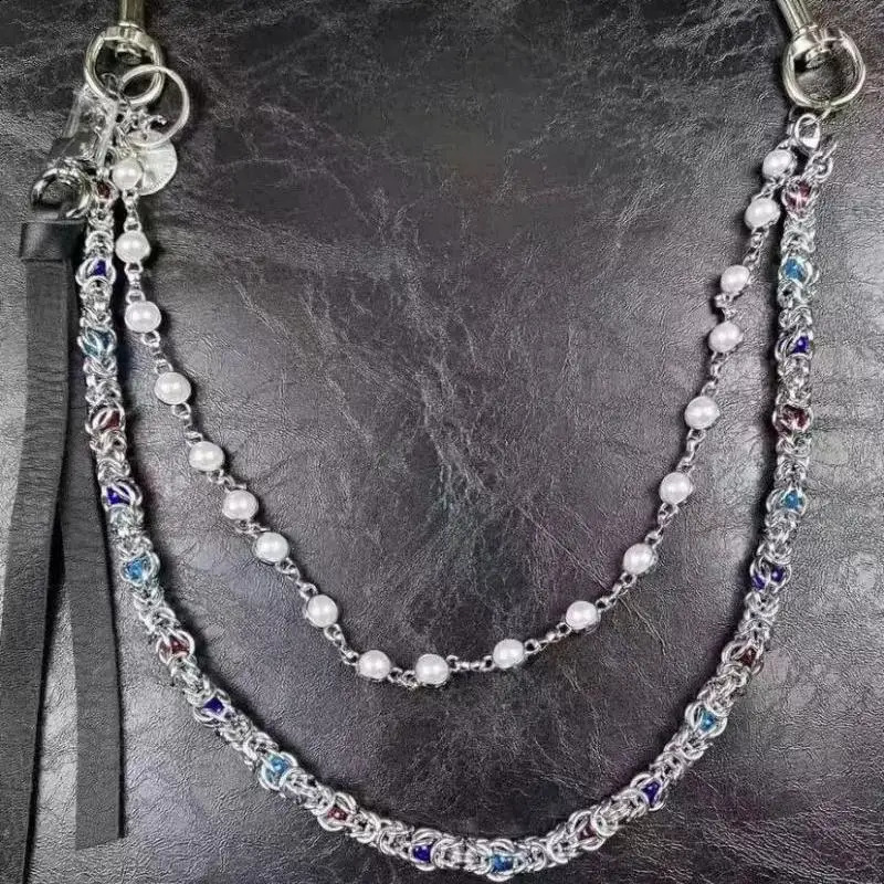 Hip hop punk style denim chain fashionable double-layer bead keychain accessory 250326