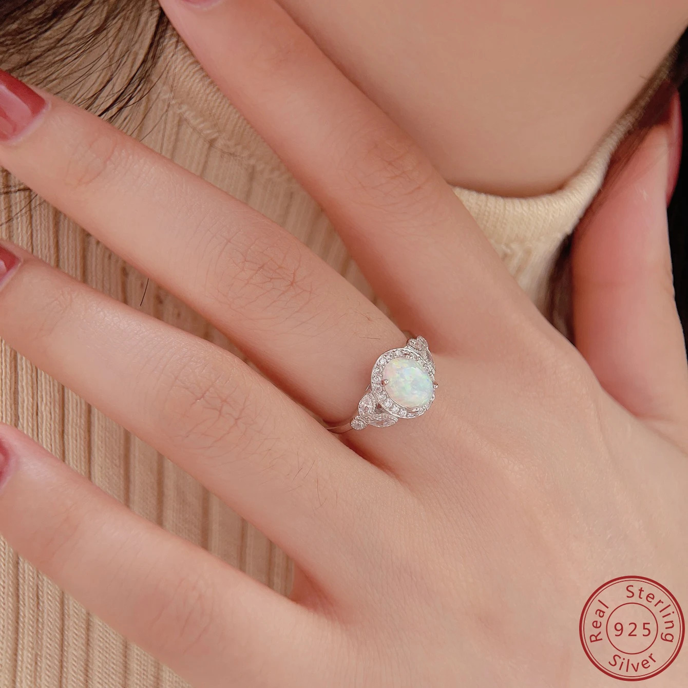 925 sterling silver womens ring with sparkling white opal and zircon elegant style suitable for engagement or couple dates 250325