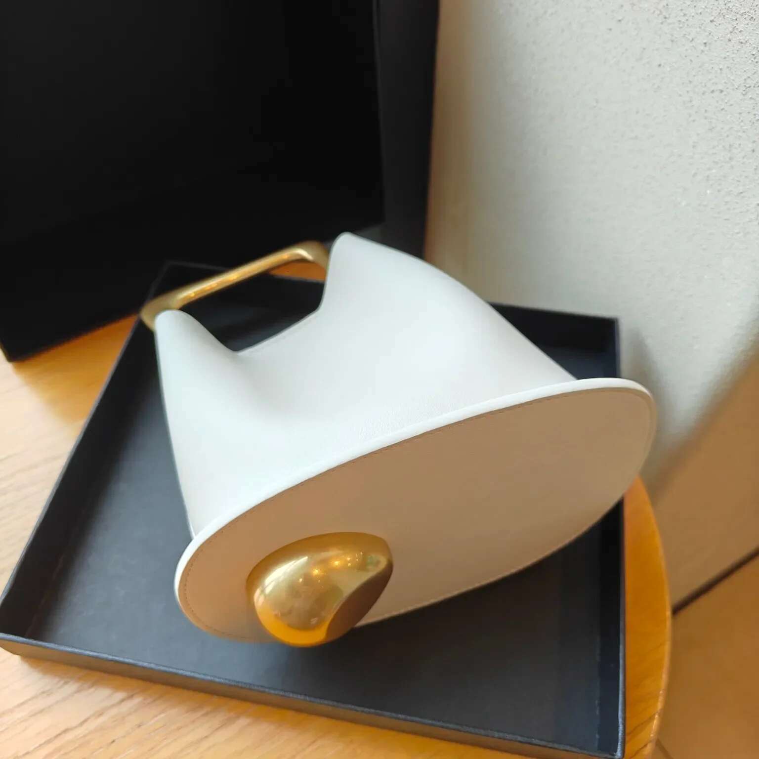 New Stylish High-End Bucket Tote Beige Color Plain Satin Cow Leather Women Handbag Metal Handle Female Crossbody Bag Small