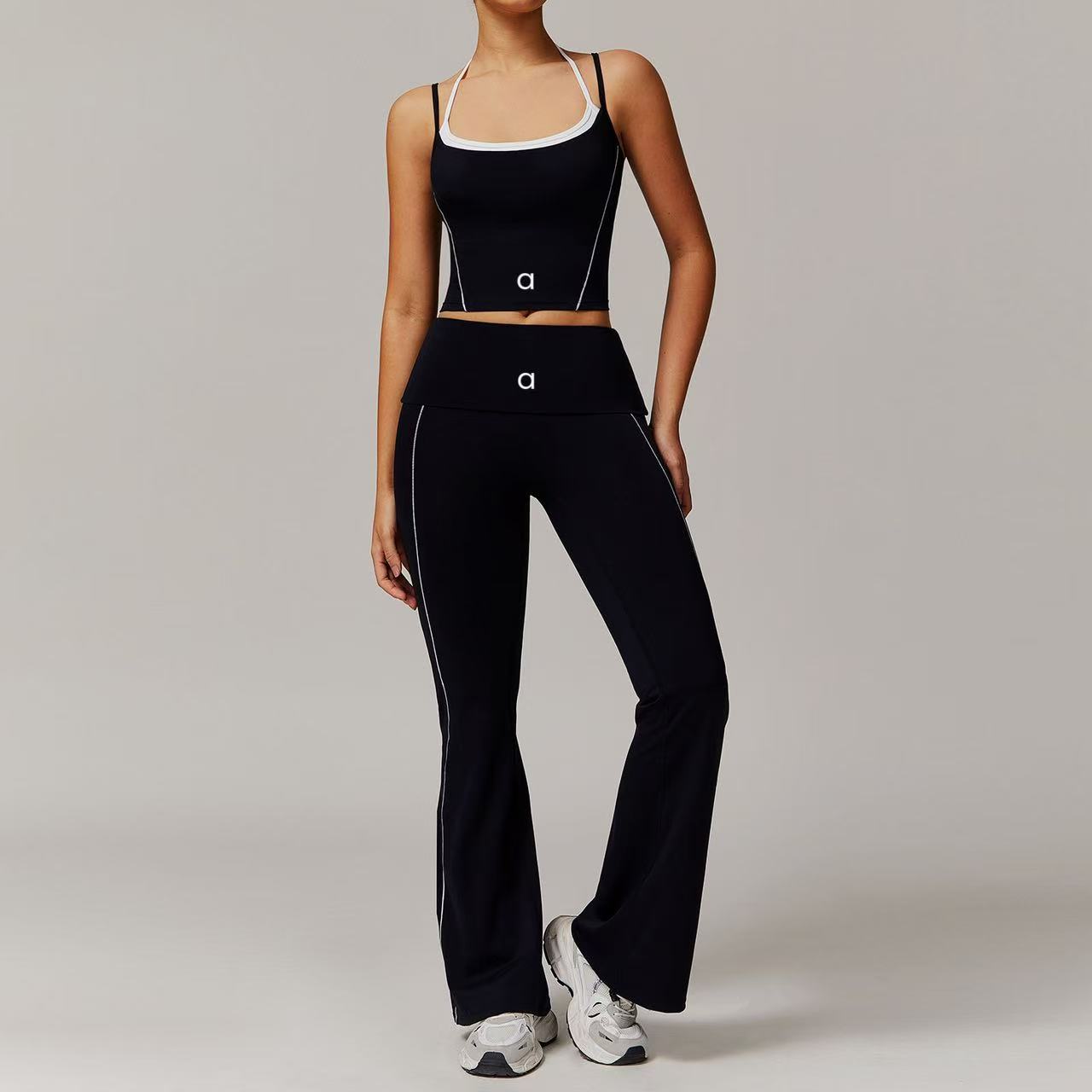 2025--Women Yoga Two-piece Set Short Running Tank Top+ Long Pant Shorts Solid Color Sports Bra With Fitness