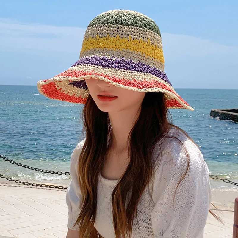 Rainbow straw hat womens summer sun umbrella handmade crochet large Brim bucket hat womens beach sun hat Bohemian girls fashion hatXJ250329