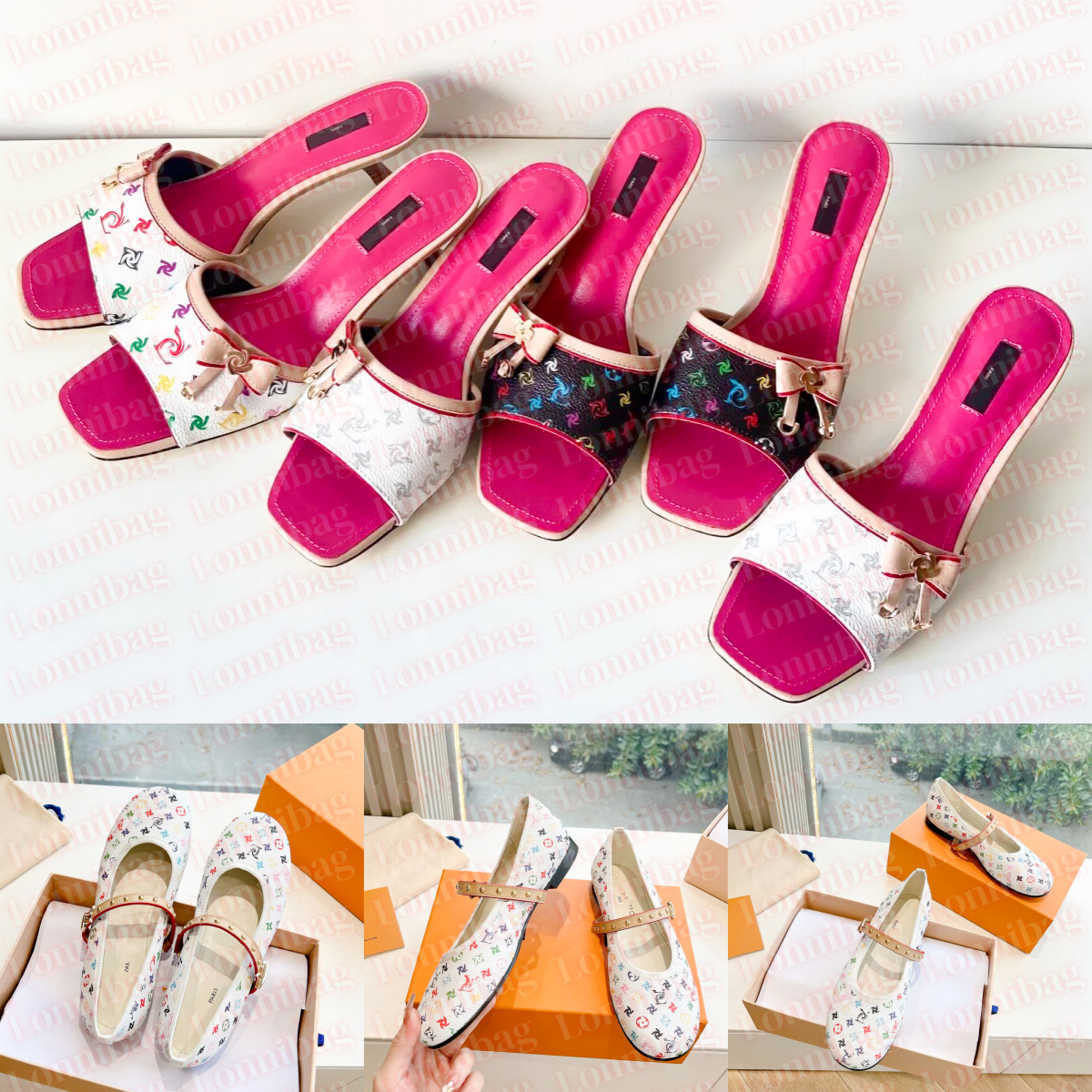 Luxury Slipper TM 6AM Flat Mule Designer Sandal Womens Takashi Murakami Colorful Flower High Heel Sandal Bow Sliders Mary Jane Slide Stiletto Sandale Mirror quality