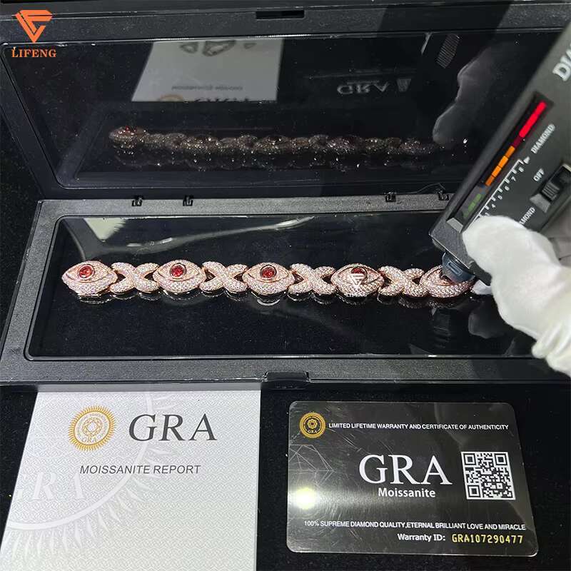 New Design 13mm Rose Gold Plated Hip Hop Jewelry Iced Out Men Moissanite Diamond Evil Eyes Infinity Cuban Bracelet