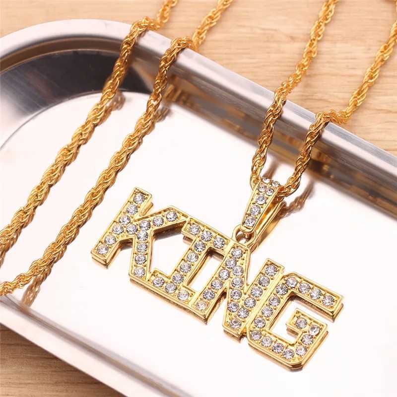 Mens Hip Hop Full Rhinestone King Pendant Necklace Sparkling Ice Out Cuban Chain Hip Hop Necklace Mens Jewelry Gift Y250329