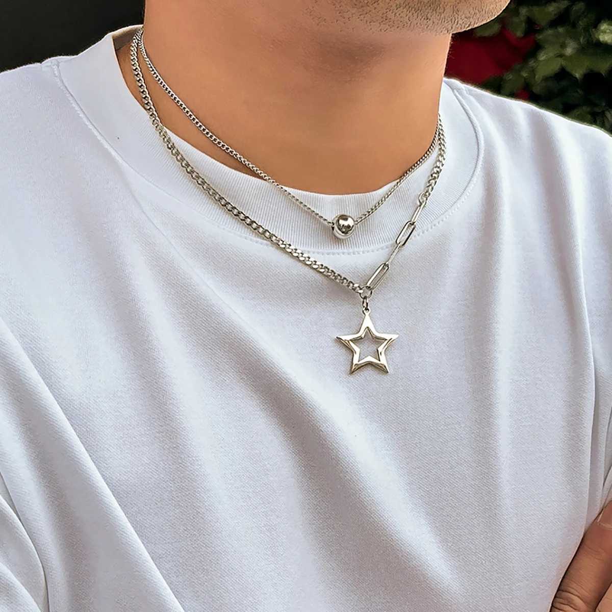 Salicon Titanium Steel Casual Star Pendant Necklace Mens Trend Double Link Short Necklace Punk Hip Hop Jewelry Y250329