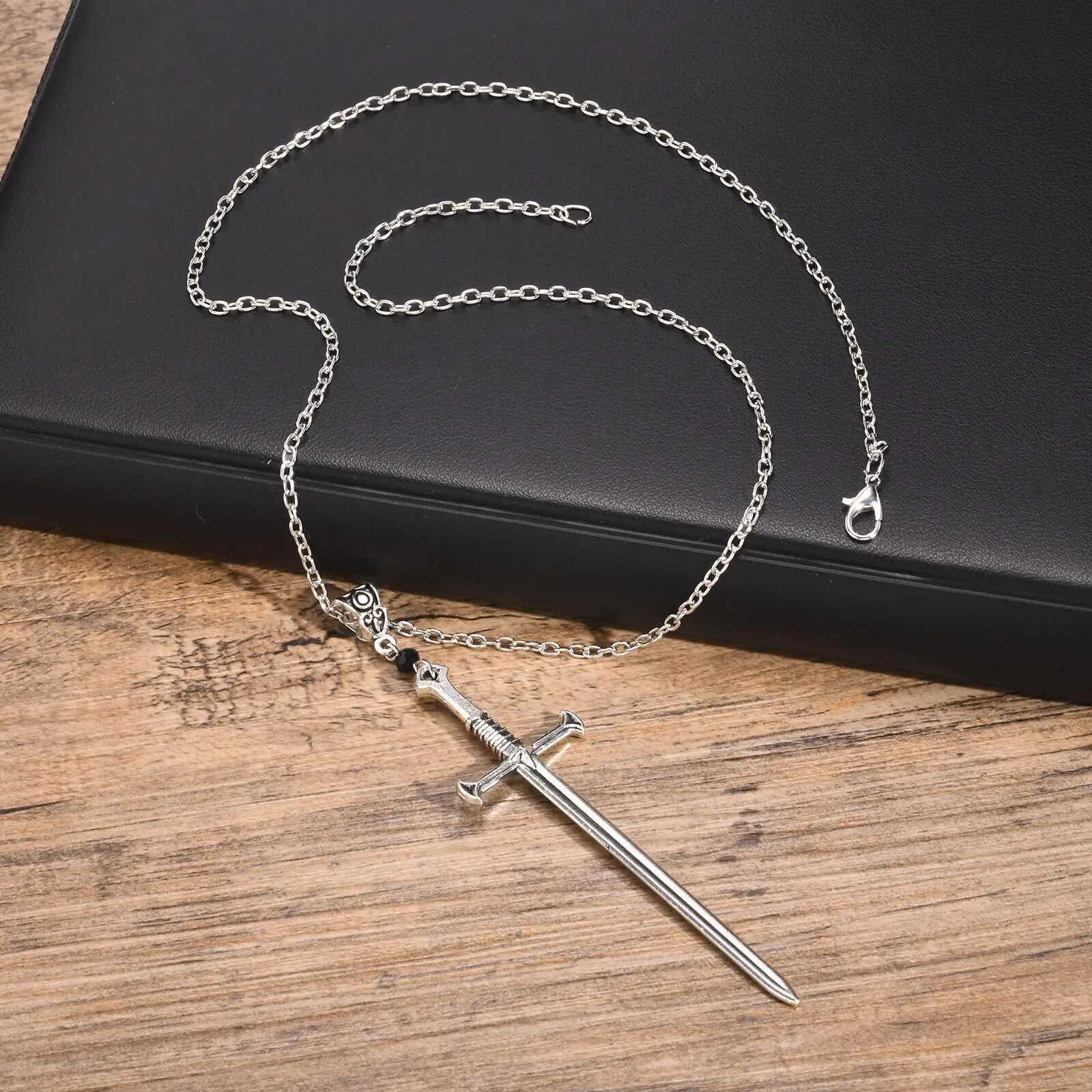 Mens punk stone sword cross pendant necklace retro Gothic long dagger knife necklace hip-hop jewelry Y250329