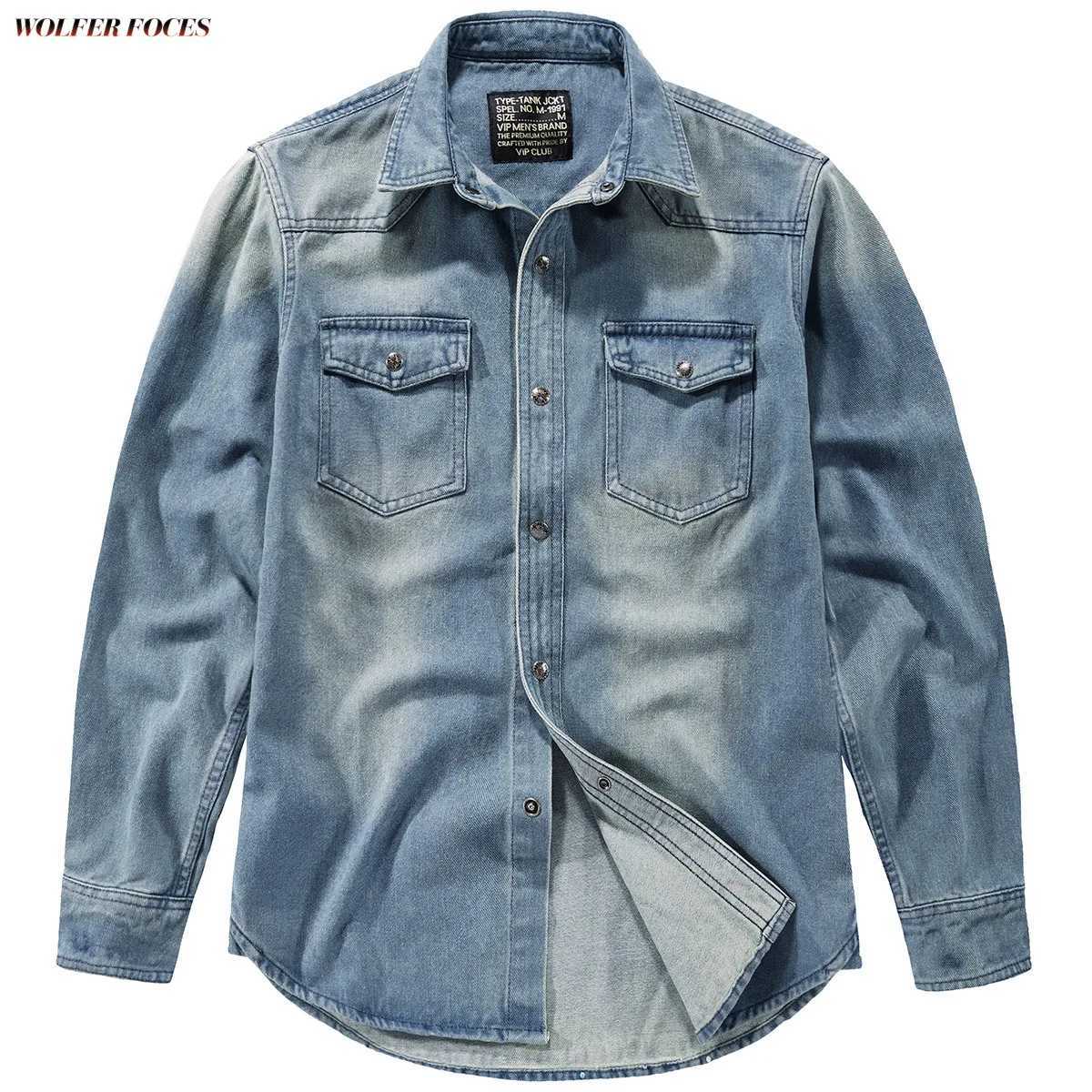 Denim Long Sleeve Shirt Large Luxury Mens Clothing Casual Mens Spring Clothing Collar Open Back Retro Shirt Coat X250329