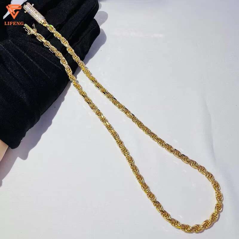 Lifeng Jewelry Hip Hop Silver 14k 18k Gold Plated Rope Necklace Men Necklace Iced Out Moissanite Clasp Rope Chain
