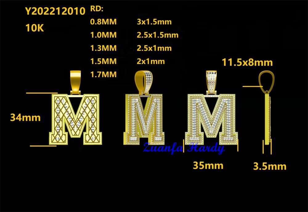 Custom Luxury Jewelry VVS Baguette Moissanite Diamond Cage Back Hip Hop Bling Initial Letter M Iced Out Moissanite Pendant