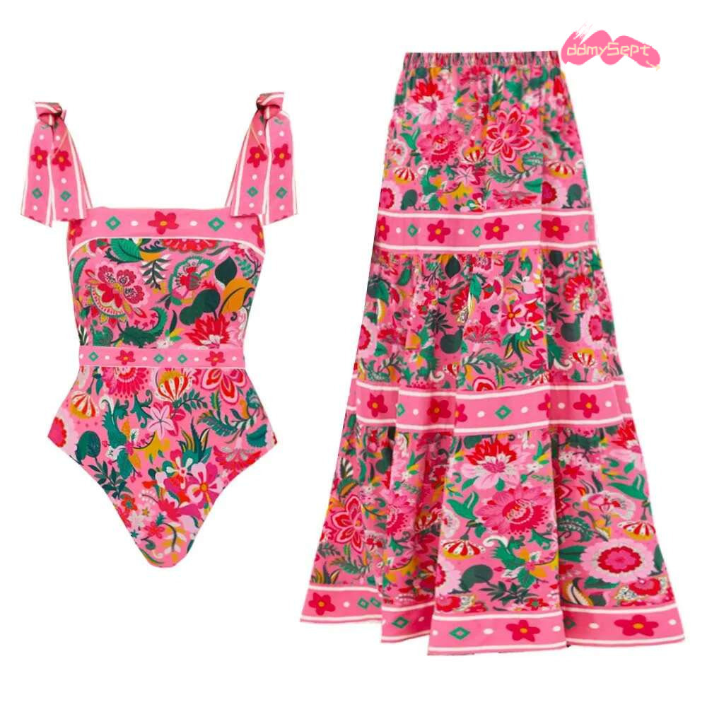 ral Printed Shoulder Ruffle Swimwear With Cover Up Sexy Swim Suit Woman 2024 Swimsuit Beach Outing Bodysuit ddmySept