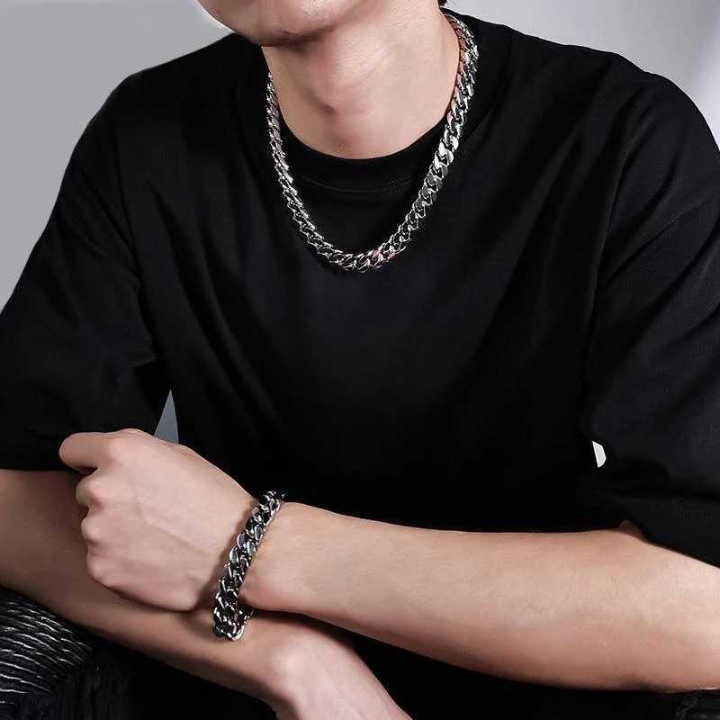 Mens Smooth Hip Hop Cuban Chain Bracelet Short and Fat Necklace Y250329