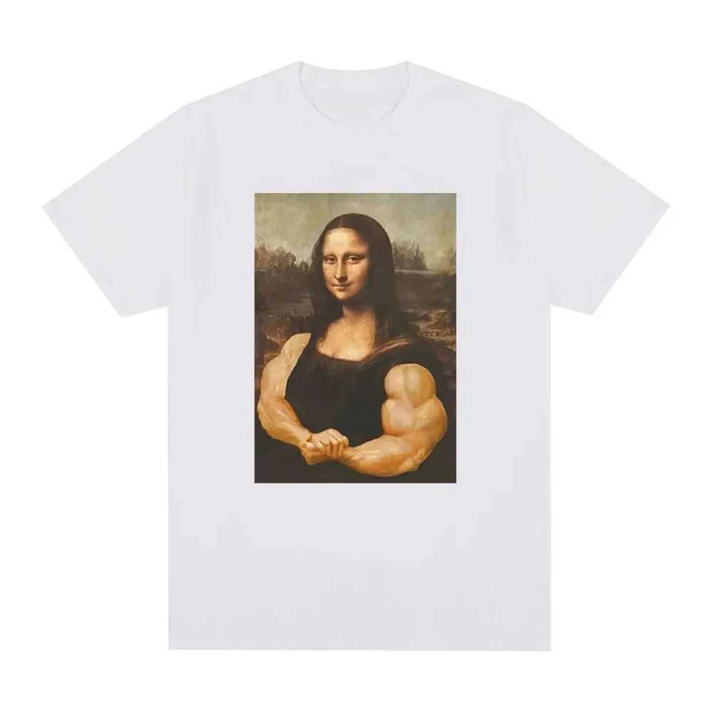 Interesting Mona Lisa fitness T-shirt muscle gym casual graphic short sleeved T-shirt unisex fashion cotton casual oversized T-shirt W250329