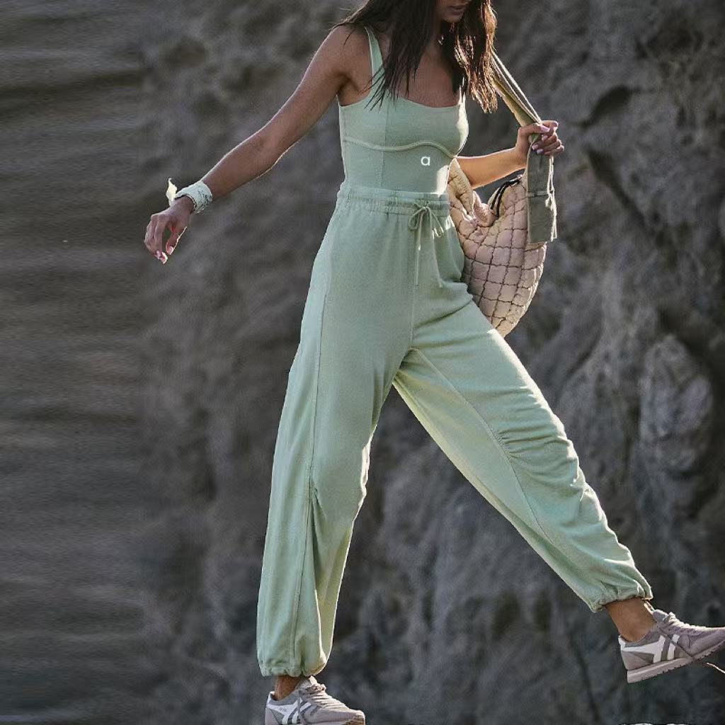 Women Yoga Suspender Trousers Set Overalls Pant Solid Color Sports Bra With Fitness QS24316C
