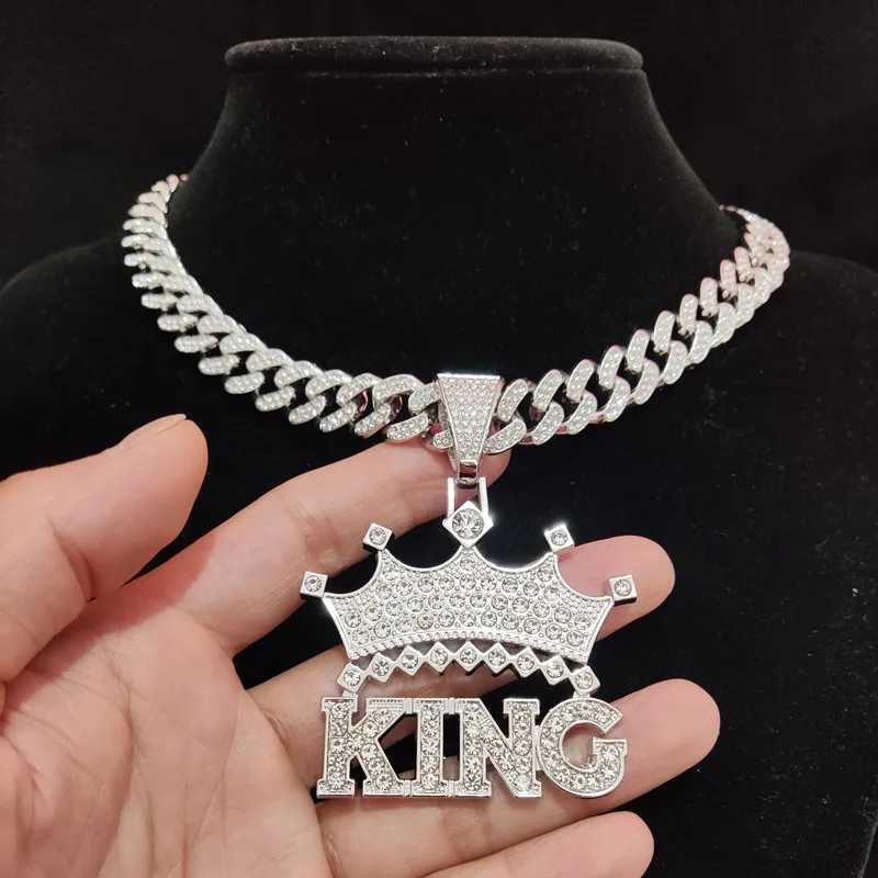 Mens Hip Hop Crown with King Pendant Necklace 13mm Crystal Cuban Chain Hip Hop Chain Ice Out Sparkling Necklace Fashionable Charm Jewelry Y250329