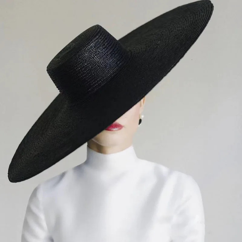 Spring Summer 18cm Wide Brim Black Straw Hat Flat Top Straw Hats For Women Elegant French Retro Sun Hat Hat 250328