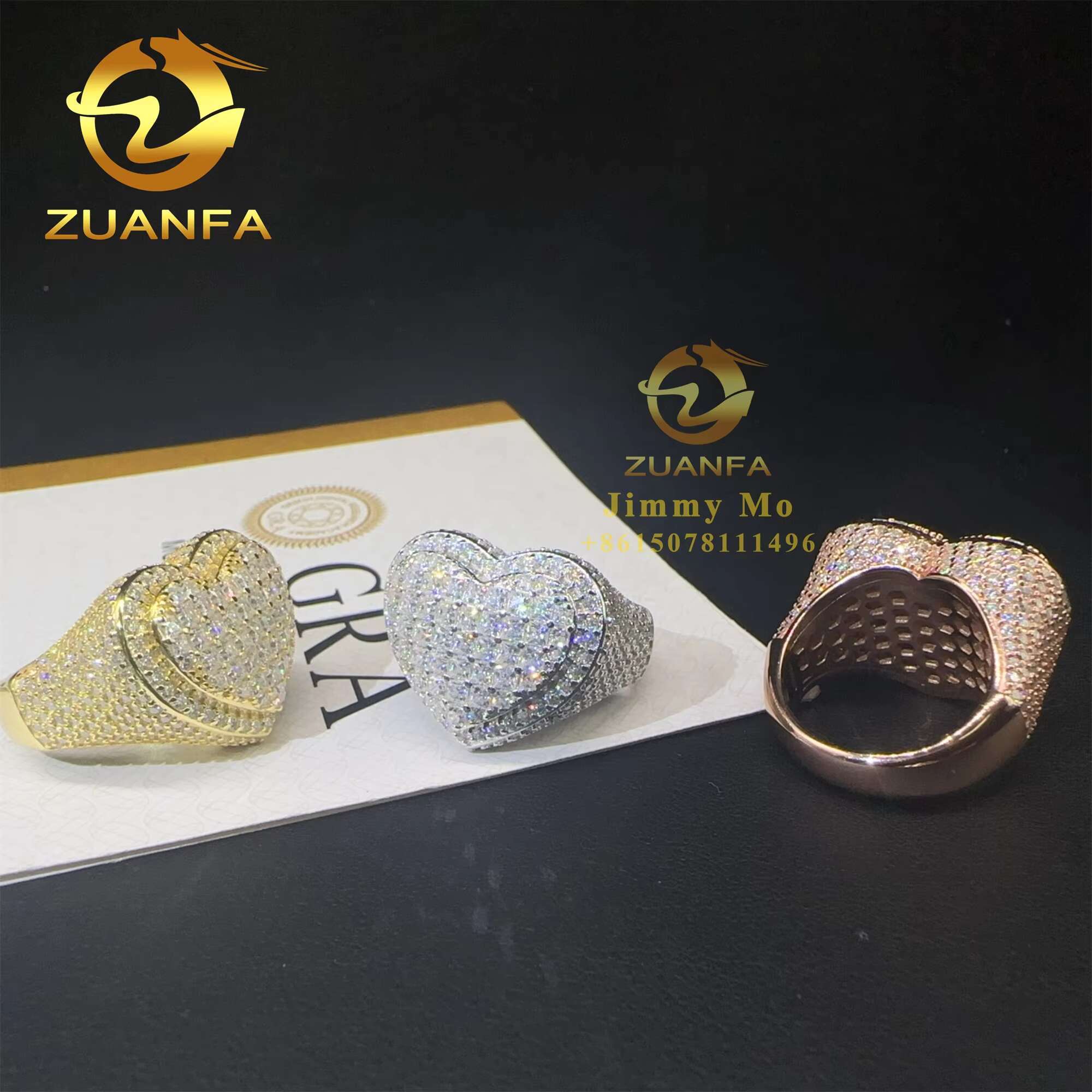 Bulk Stock Pass Diamond Tester 925 Sterling Silver Full With Baguette Moissanite Diamond Hip Hop Iced Out Heart Shape Ring Men