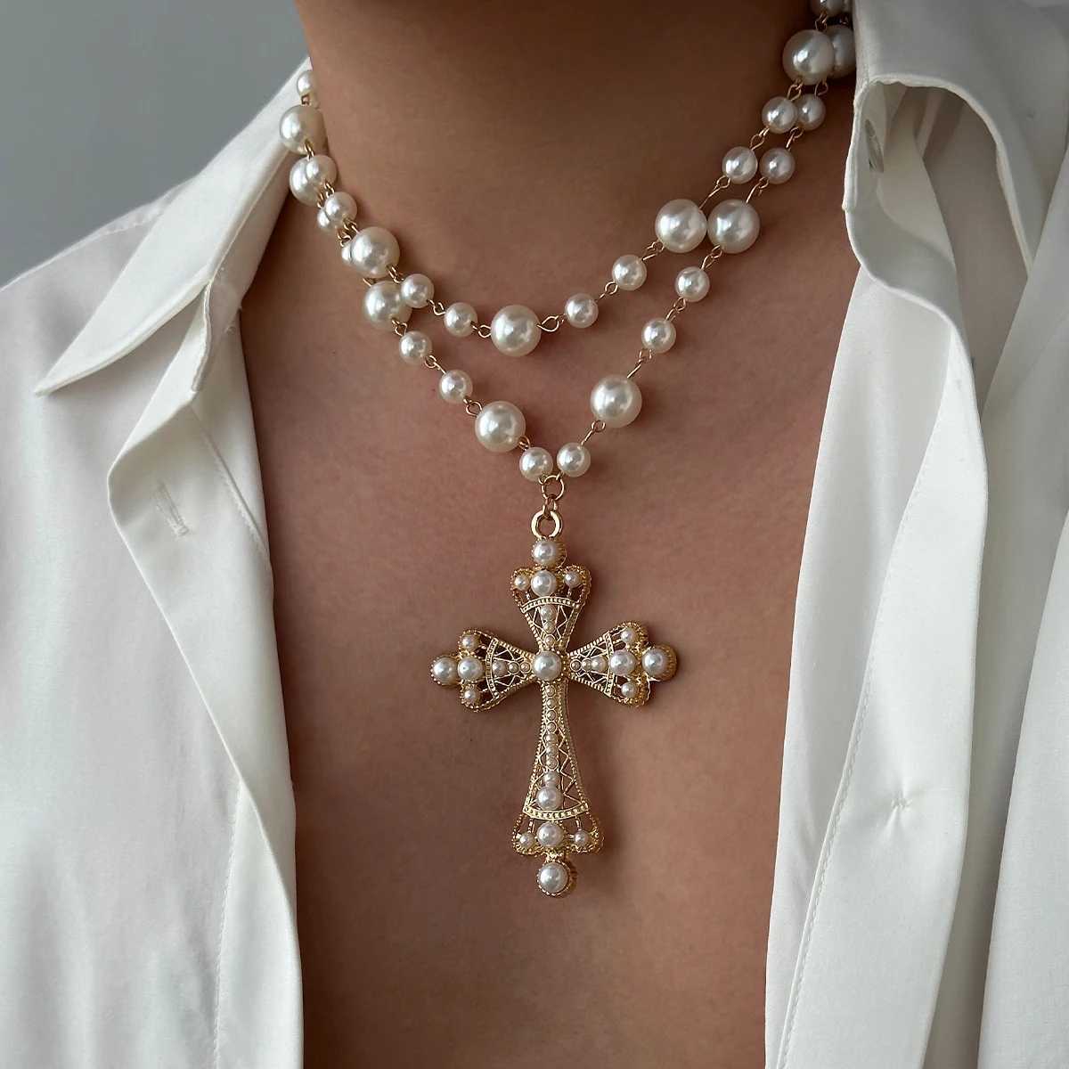 IngeSight. Z Charm Elegant Imitation Pearl Necklace Mens New Gothic Jesus Cross Pendant Necklace Mens Party Jewelry Y250329