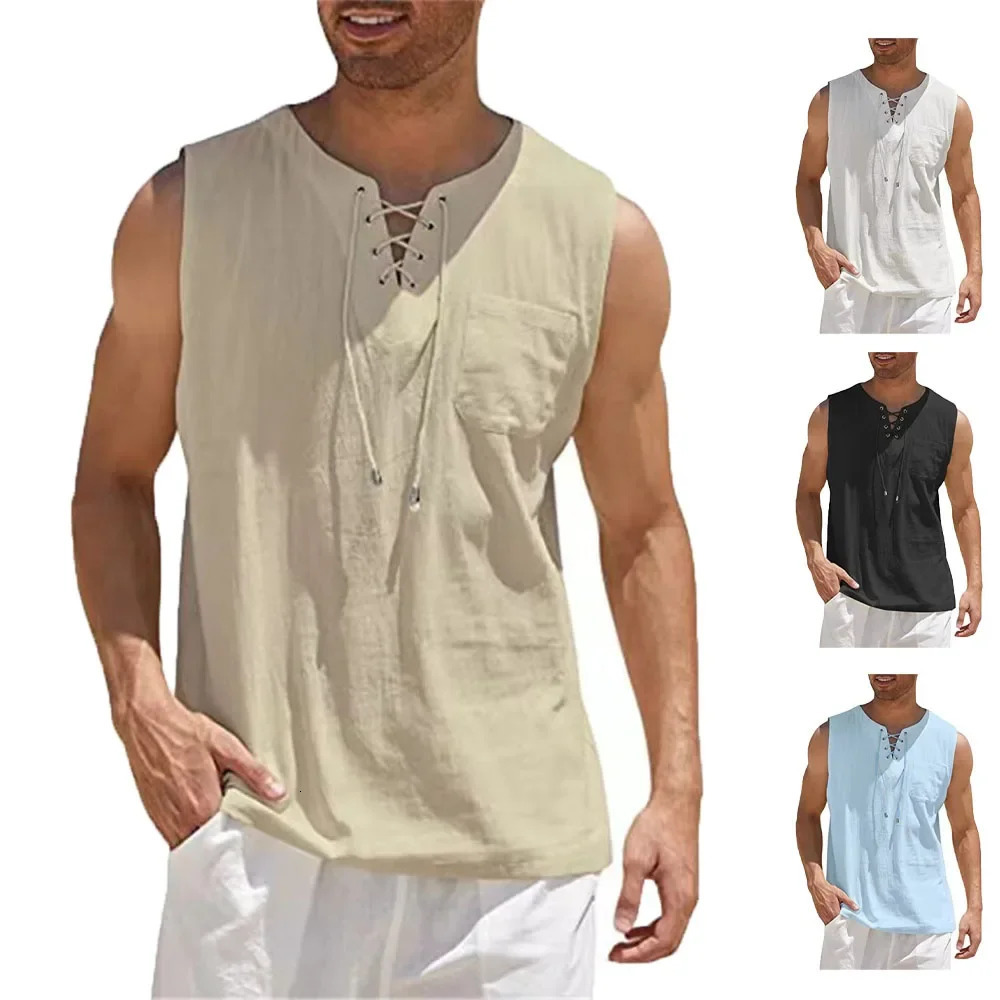 Cotton linen shirt mens casual sleeveless vest lace top retro Vneck loose solid color dress 250322Z