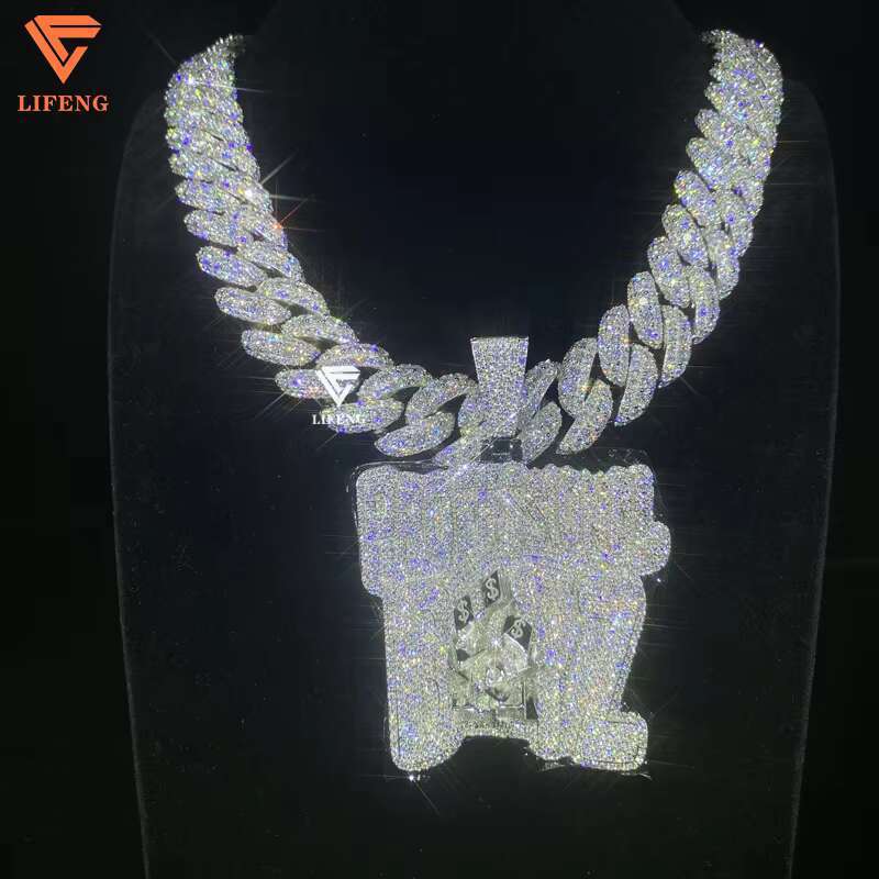 Jewelry 20MM Honeycomb Set VVS1 Moissanite Cuban Link Chain Necklace Bust Down Solid Silver White Gold Plated Miami Chain
