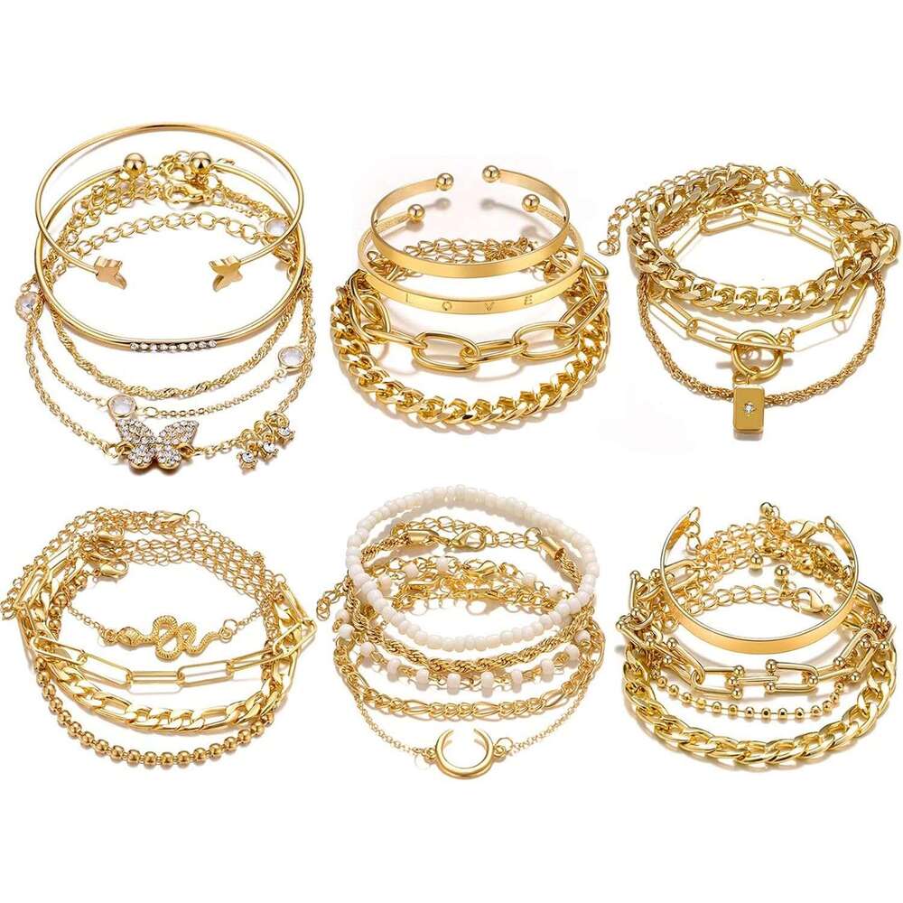 24-25 Pcs (6 Pack) 14K Gold Ankle Bracelets Set for Women Boho Stackable Bangles Cuff Charm Chunky Wrist Jewelry