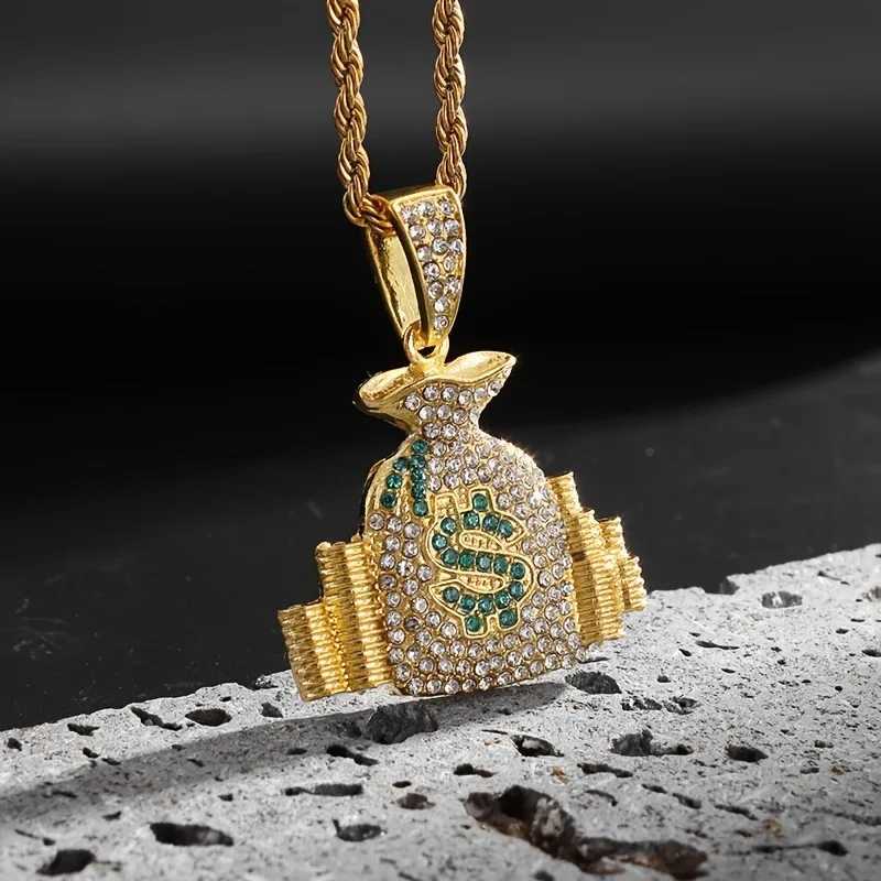 Hip hop punk money bag pendant necklace with rope chain sparkling cubic zirconia necklace cool mens rock bike jewelry gift Y250329