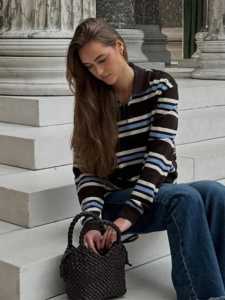 Striped Knitted Casual Womens T-shirt Top Long Sleeve Loose Polo Collar Street Female T-shirts 2025 Spring Ladies Pullover Tops250324
